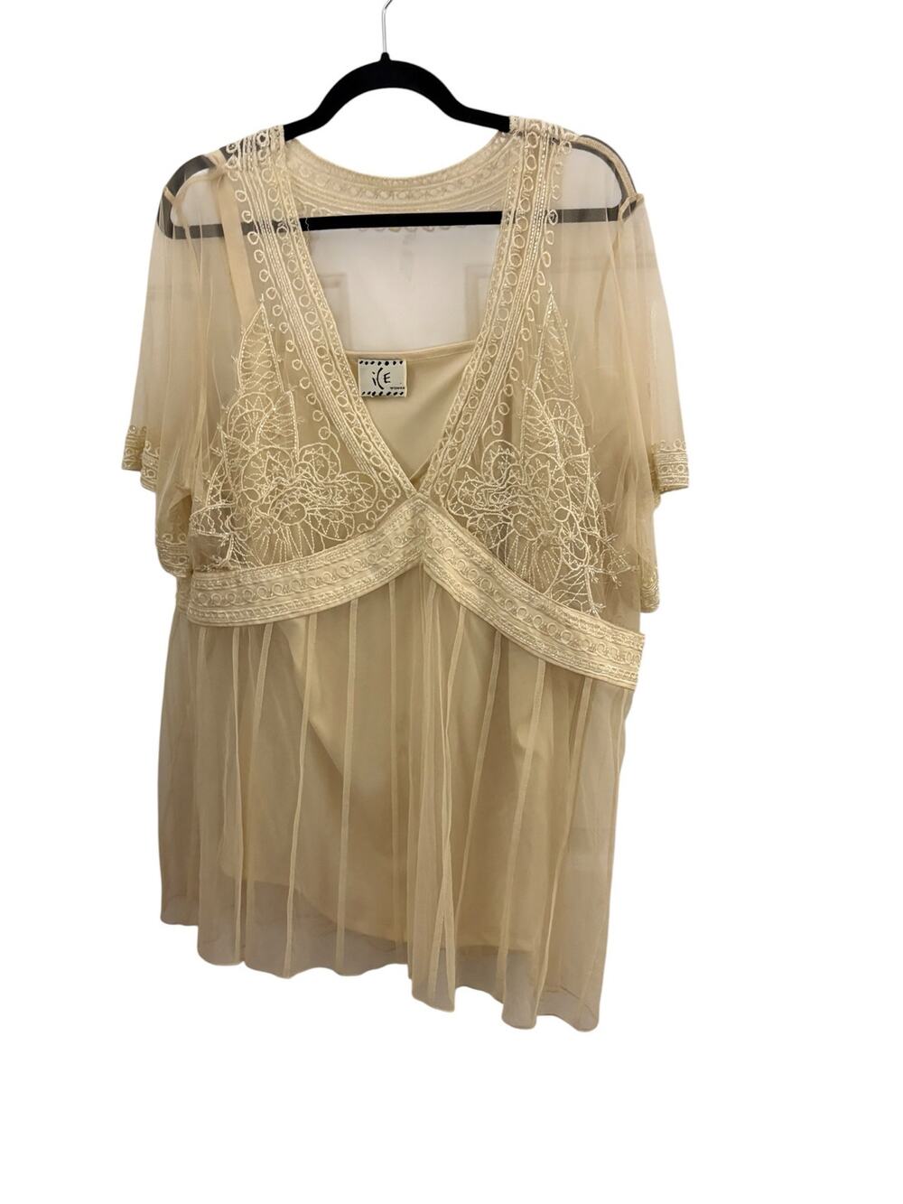 ICE Woman Lace Short Sleeve Top Blouse Mesh Beaded V-Neck Boho Fairy Cottagecore